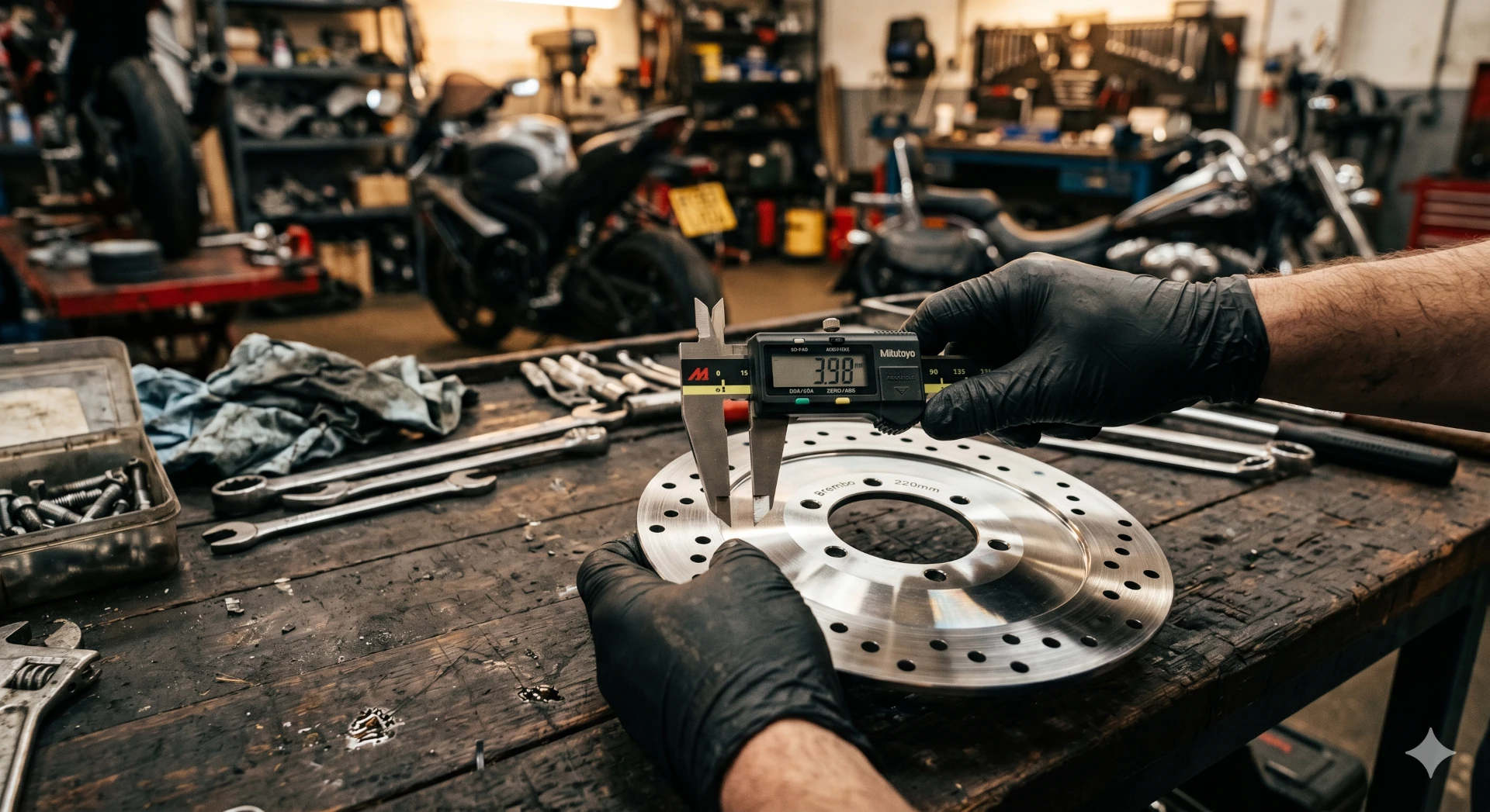 Un calibro appoggiato su un pezzo meccanico appena arrivato sul banco da lavoro