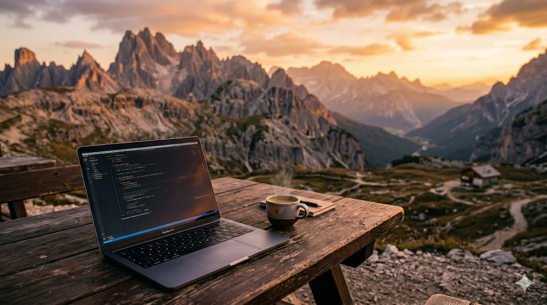 Laptop aperto con vista panoramica, simbolo del lavoro da remoto e della libertà professionale