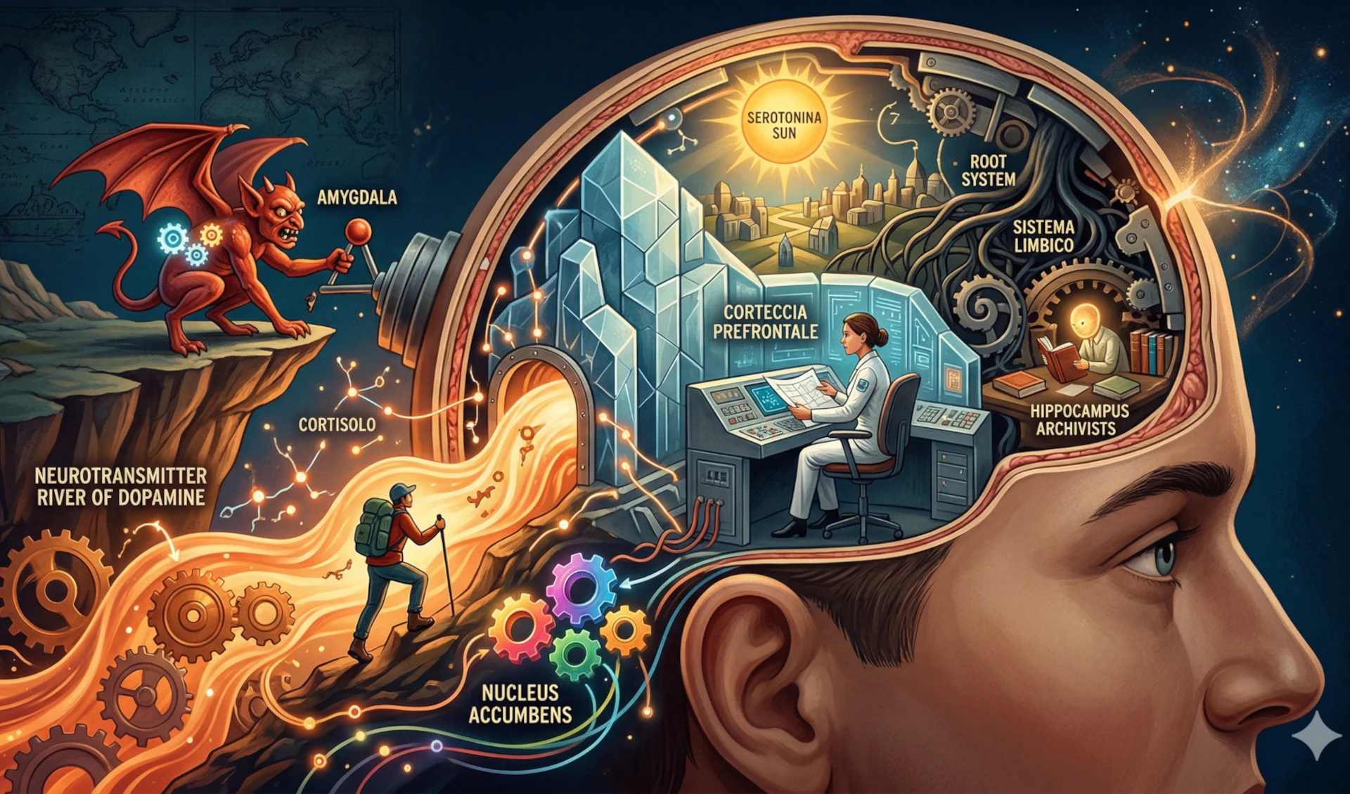 Illustrazione del cervello umano con i suoi personaggi interiori — amigdala, corteccia, dopamina